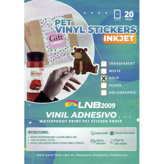 Papel Pet Sticker Adhesivo Etiquetas Resiste Agua / Dorado