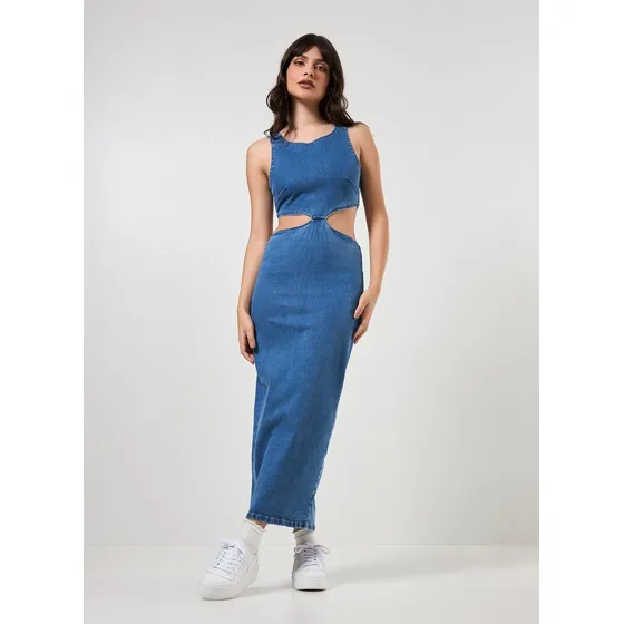 Vestido Midi Jeans Com Aberturas