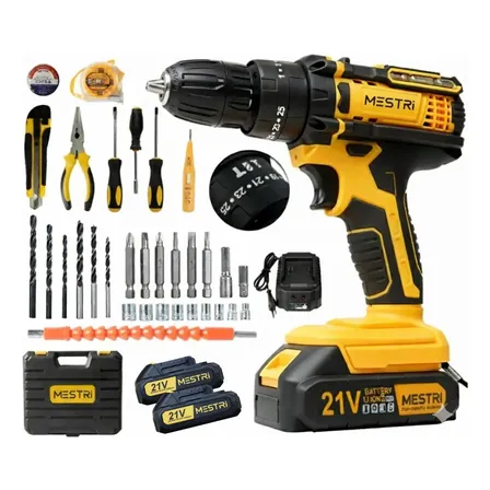 Kit Jogo De Ferramentas Com Maleta E Furadeira Parafusadeira Sem Fio 2 Bateria 21v 3/8 10mm Mestri M-117 Amarelo