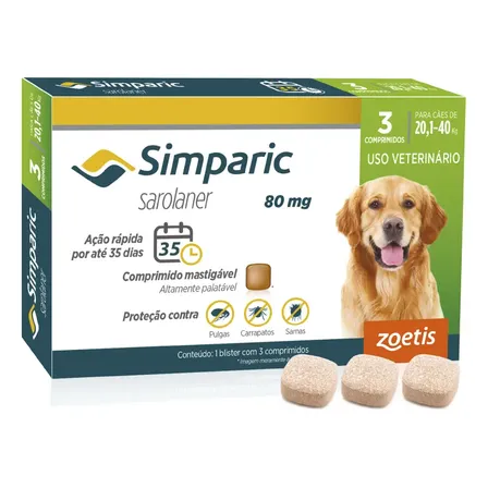 Simparic 80mg Antipulgas Carrapatos Cães 20,1-40kg 3 Comprimidos