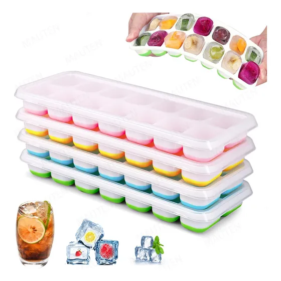 4 Moldes De Silicona Para Cubos De Hielo Bandeja Tapa