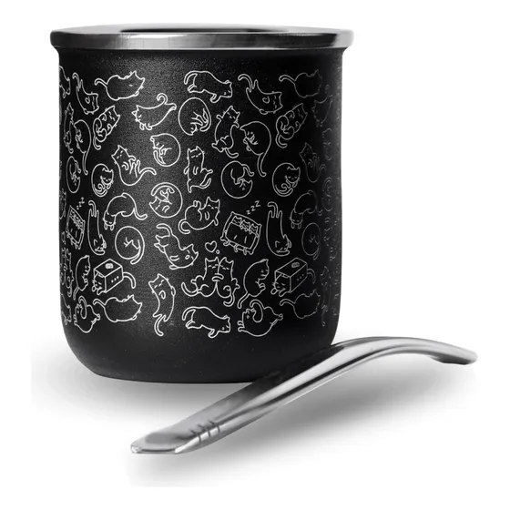 Mate De Acero Inoxidable Gatitos Silueta Premium Negro Con Bombilla Chata No Se Tapa 350ml Pulido Acero