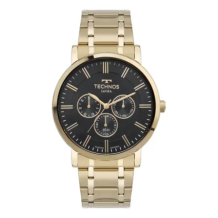 Relógio Technos Masculino Slim Safira Quartzo Aço Inoxidável Dourado Preto