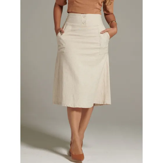 Saia Midi De Linho Elegante Com Botões Encapados