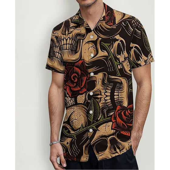 Camisa Corta Hawaiana De Hombre Con Estampado De Calavera