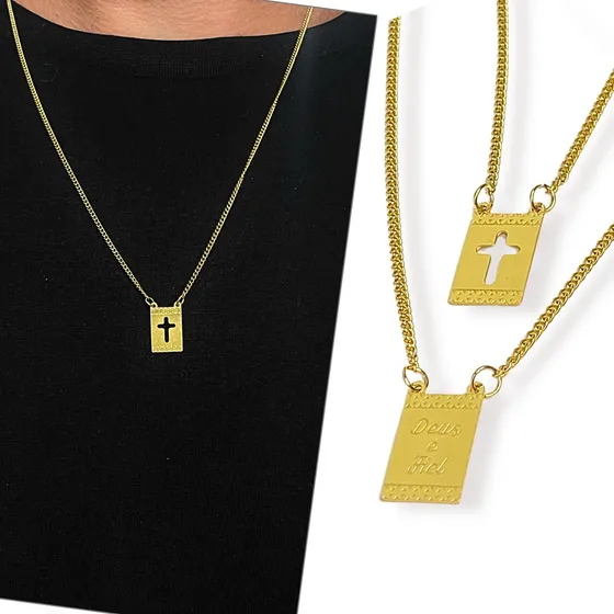 Cordão Corrente Escapulário Aço Inox Dourado Masculino 