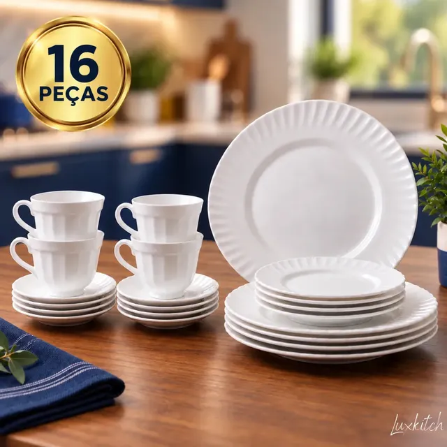 Aparelho De Jantar + Jogo Chá 16 Peças Completo Branco Luxkitch
