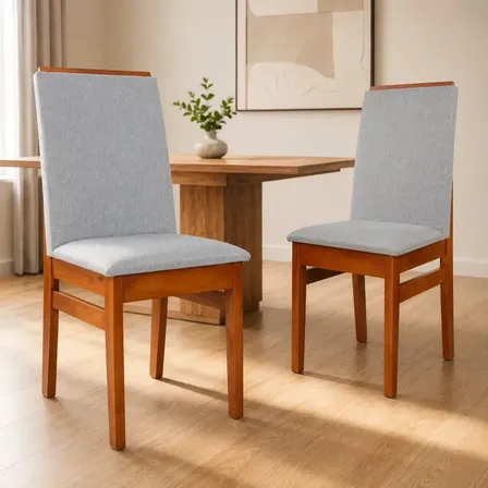 Kit 2 Cadeiras Sala Jantar Cozinha Mesa Veneza Moderna Elegante Madeira Maciça Eucalipto Estofada Luxo Assento Espuma... Verniz Linho Prata E163