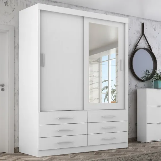 Guarda Roupa Solteiro Capri 2 Portas 6 Gav C/ Espelho Cor Branco