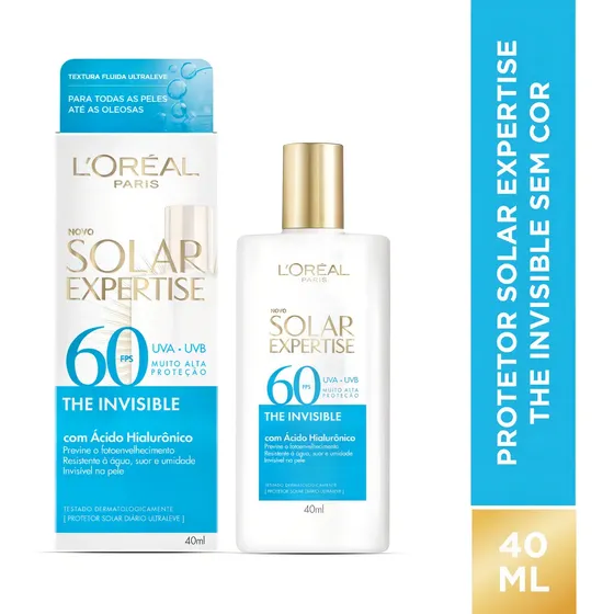 Protetor Solar Facial FPS 60 Antifotoenvelhecimento com Ácido Hialurônico, Textura Leve e Resistente à Água, Sem Cor, Solar Expertise L'Oréal Paris 40g