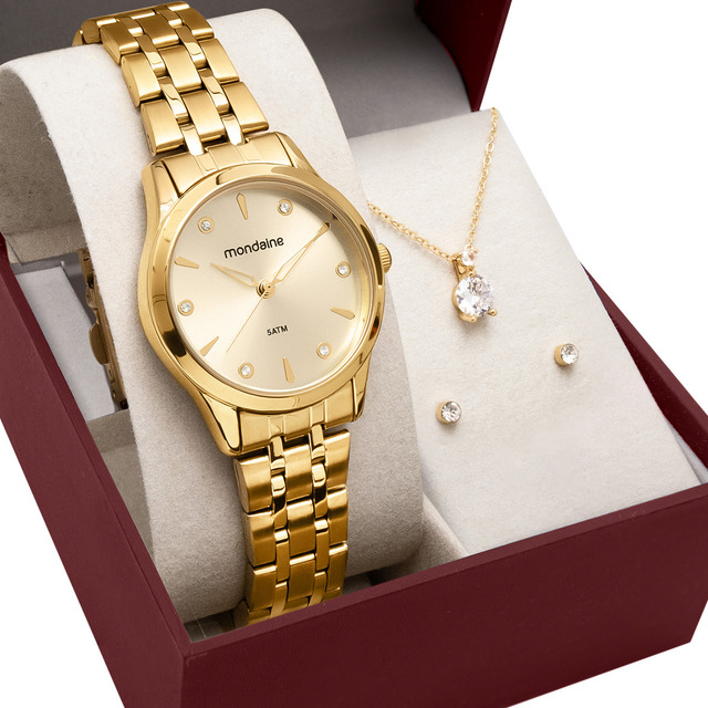 Kit Relógio Mondaine Feminino Dourado Com Colar E Brincos 32610lpmkde1k1 Kit Relógio Mondaine Feminino Dourado Com Colar E Brincos 32610lpmkde1k1
