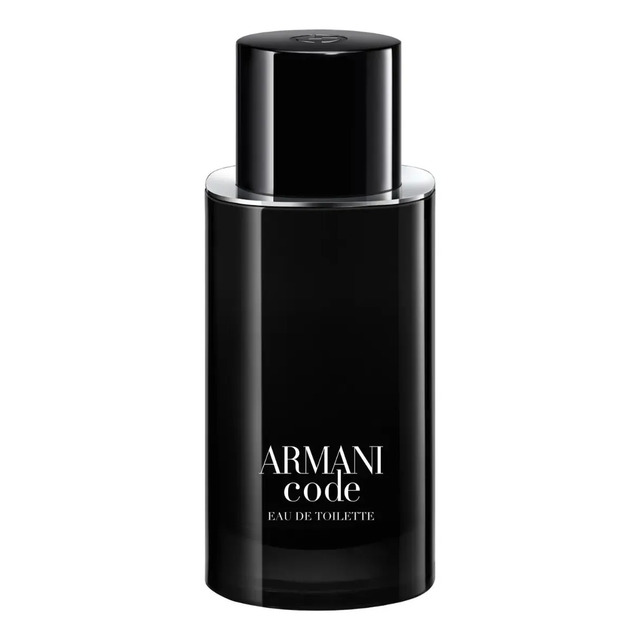 Frasco de perfume masculino Armani Code Eau de Toilette de 75ml com tampa preta e design cilíndrico