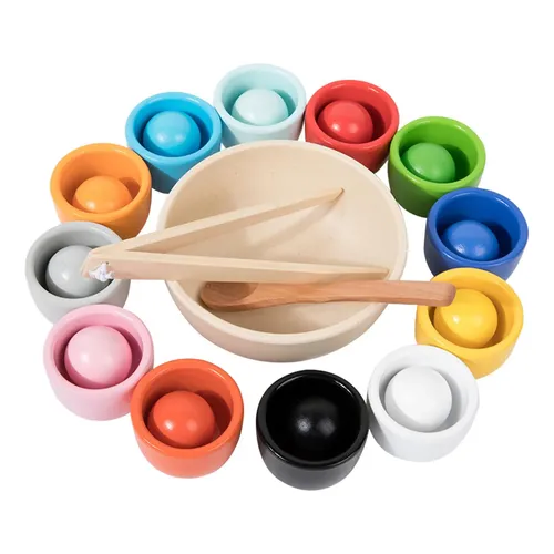 PKKP Montessori Juguetes a partir de 3 años, clasificación de madera, piedras apilables, 12 bolas de madera de arco iris en tazas, juguete de madera para contar y clasificar colores, aprendizaje de