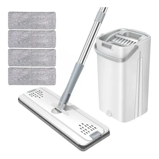 Mopa Con Balde Escurridor Grande Con X4 Microfibras  Blanco