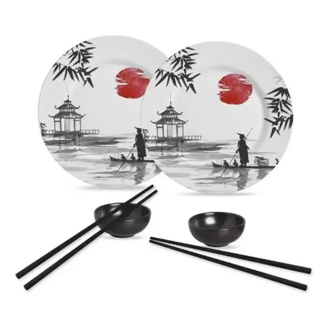 Kit Colecionável 6 Peças Com Mini Molheira Cerâmica Branco/preto Japanese - Alleanza