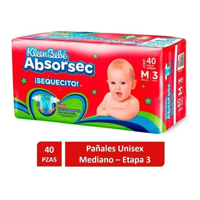 Pañales Kleenbebé Absorsec Etapa 3 Mediano Unisex 40pzas
