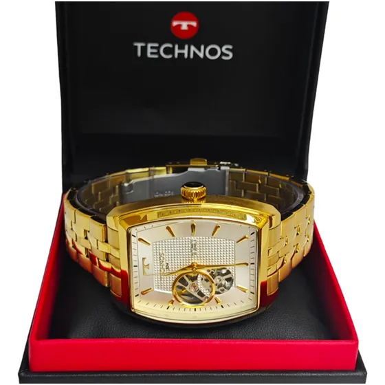 Relógio Technos Automático Masculino Esqueleto Dourado 5 Atm
