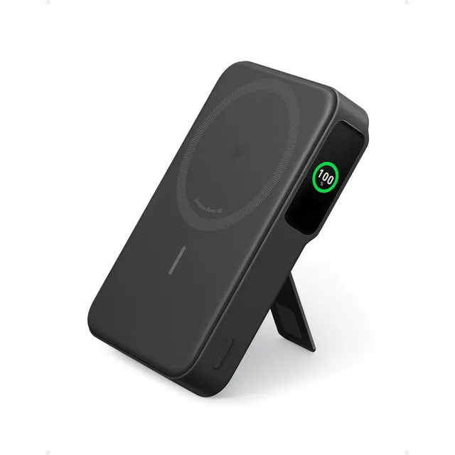 Cargador portátil power bank Anker MagGo Qi2 10000mah 15W batería externa inalámbrica pantalla inteligente soporte plegable compatible con magsafe para iphone series color negro