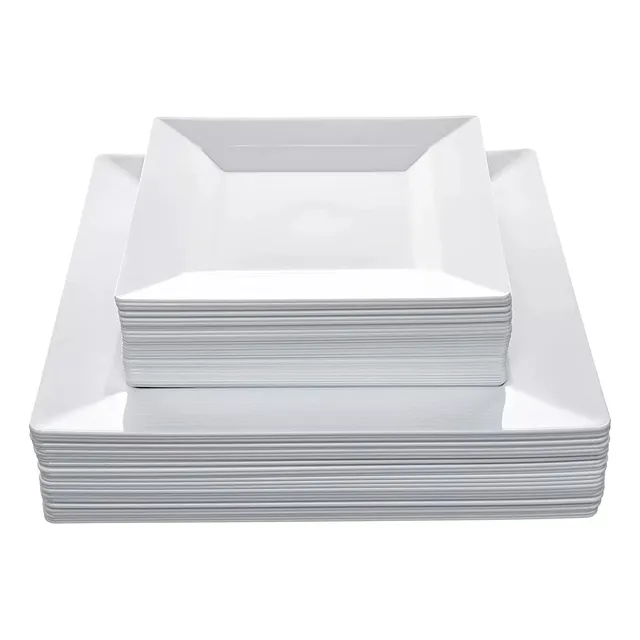 50 Platos Desechables Cuadrados Elegantes, Rose Impact Plástico, Fiesta Color Blanco resistentes calidad premium incluye 25 platos grandes de 24 cm y 25 platos chicos de 16 cm