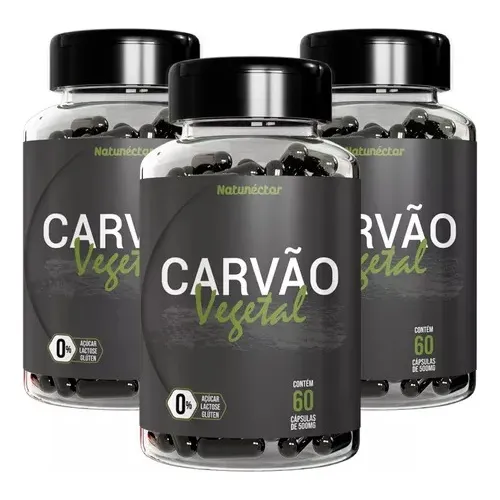Kit 3 - Carvão Vegetal Ativado 60 Cápsula - Natunéctar Sabor Sem sabor