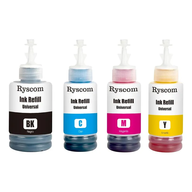 Tinta Universal Marca Ryscom Para Sistema De Tinta Continua Compatible Con Impresoras Y Multifuncionales Ink Tank Botella Tinta Negra 140ml Cian 100ml Magenta 100ml Amarillo 100ml
