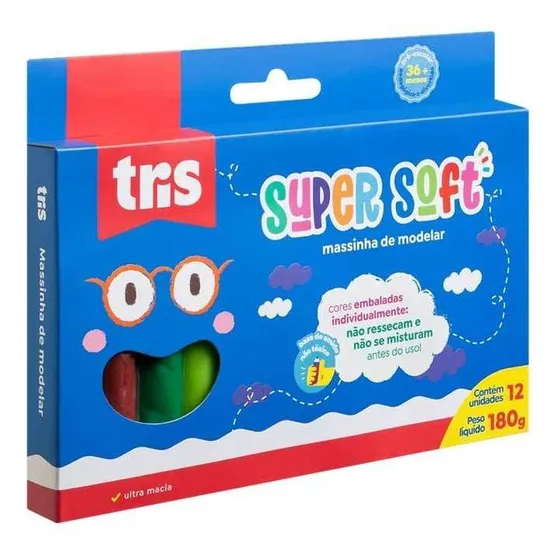 Massa De Modelar Supersoft 180g Conjunto C/12 Cores Tris