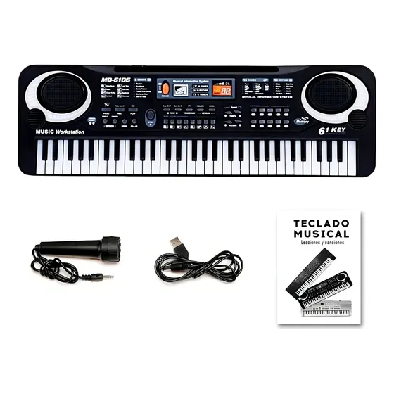 Teclado de juguete Meike Mq6106 61 teclas 16 sonidos color negro con micrófono