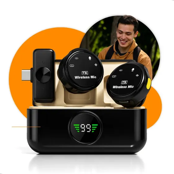 Microfone Lapela Redondo Imã Sem Fio Preto Duplo Anti Ruído Cor Preto - Tipo-C para Android ou IPhone 15 16 e 17