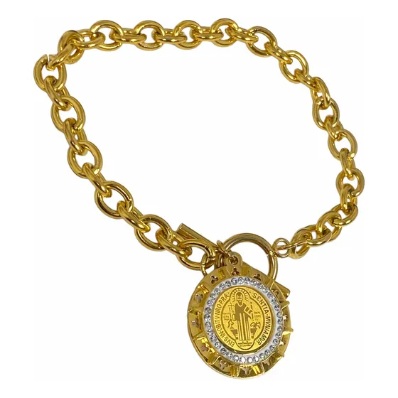 Pulsera Medalla San Benito Cruz Trasera Acero Oro Cristales Color Dorado Diámetro 23 Cm Largo 23