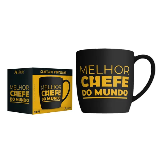 Caneca Urban Preta 360ml - Melhor Chefe Do Mundo + Caixa Par