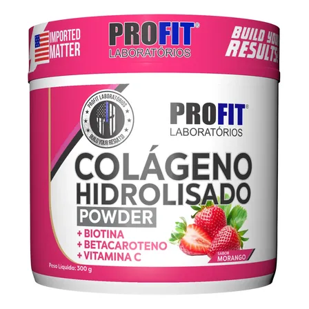 Colágeno Hidrolizado 300g Sabor Morango Suplemento Profit Morango