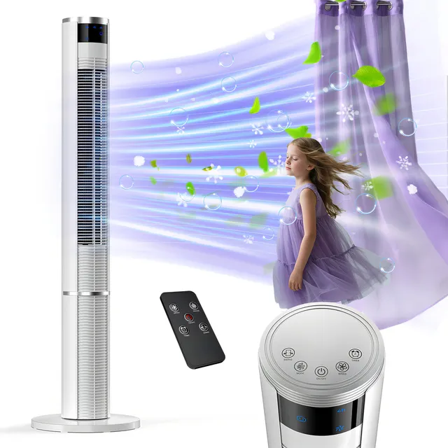 Ventilador Torre CENSTECH de 110cm con Mando a Distancia Silencioso de 24 Pies Pantalla Led y Oscilante Sin Aspas con 3 Velocidades Color Plateado