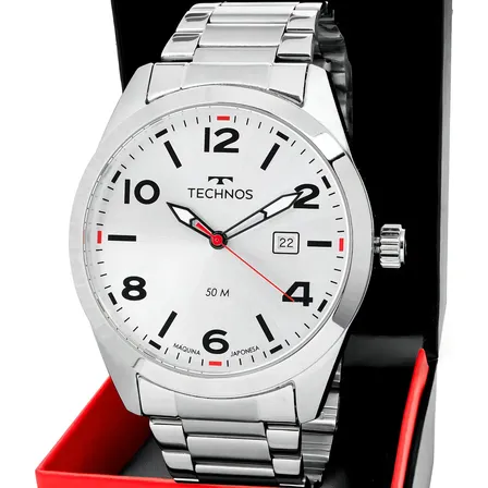 Relógio Masculino Technos Militar Quartzo Prata Resistência Água 50m Prateado Branco
