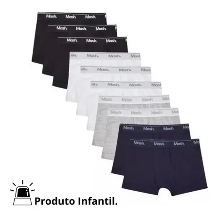 Kit Com 10 Cuecas Infantis Para Meninos Boxer Algodão Mash 3 Brancas 3 Pretas 2 Marinho 2 Mesclas Liso Gg