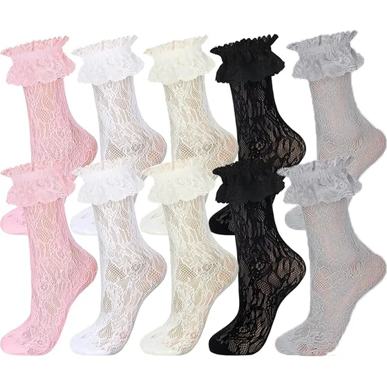 5 Pares De Calcetines De Encaje Con Volantes Para Mujer