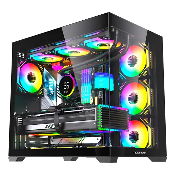 Gabinete Gamer Round 5 Genos Preto Vidro Temperado ATX USB-C suporta 10 Ventiladores