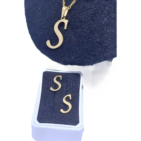 Cadena Dije Aretes Inicial S Letra S Collar Acero Inoxidable
