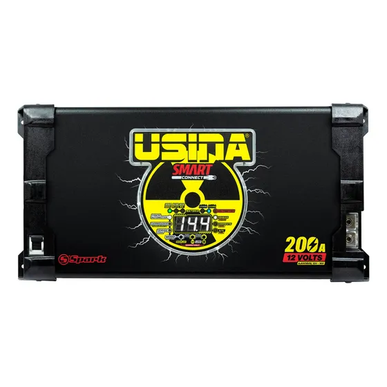Fonte automotiva usina spark 200a 12v bivolt smart som autom cor preto