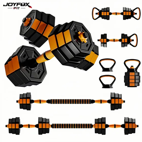 Kit Completo Anilhas Halteres Kettebell Até 15kg Ajustável Halter Design Octogonal Anti-Rolamento Joyfox Fitness Cor Laranja