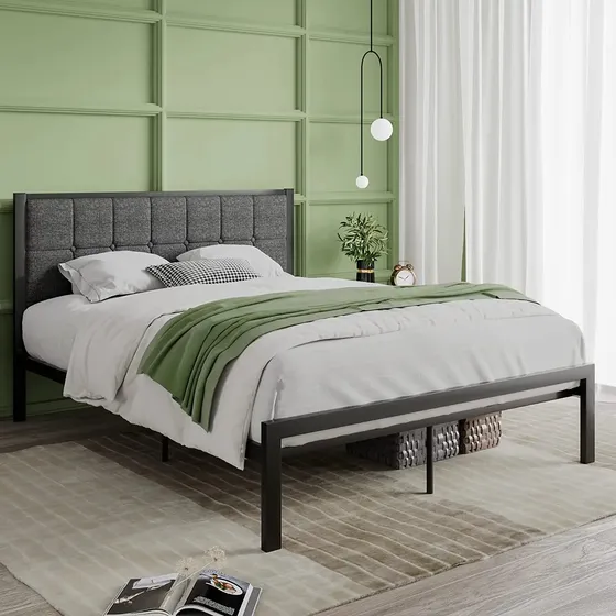Base Cama Queen Size Cabecera Tapizado Y Estribo Color Negro