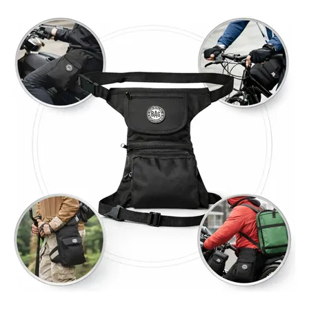 Pochete Bag De Perna Tática Moto Motoqueiro Motociclista Leg Bag Masculina Militar Impermeável Resistente Multi Bolsos... Lisa Preto