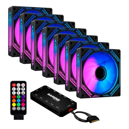 Kit 7 Fans Ventoinhas Aura Black Infinity Argb C/ Controle Preto