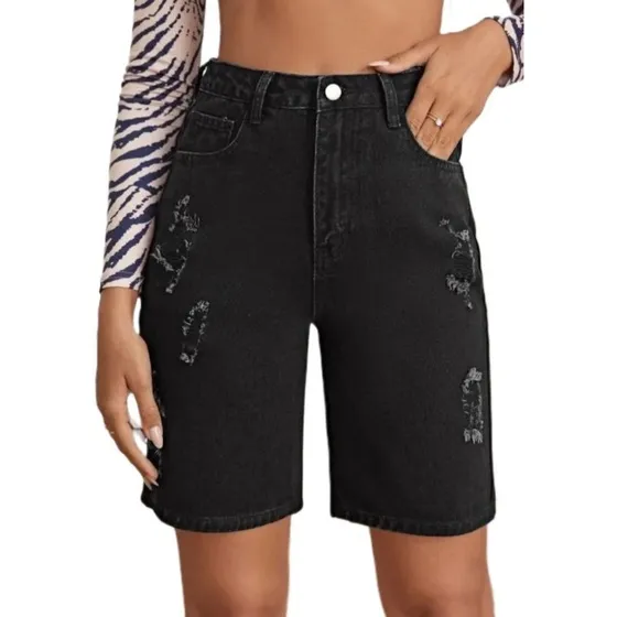 Short  Jean Negro Efecto Roto Importado  Shein