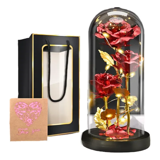 Perfecto Rose De Flor Eterna Con Luces Led Color Rojo Con tres flores, Glass Dome