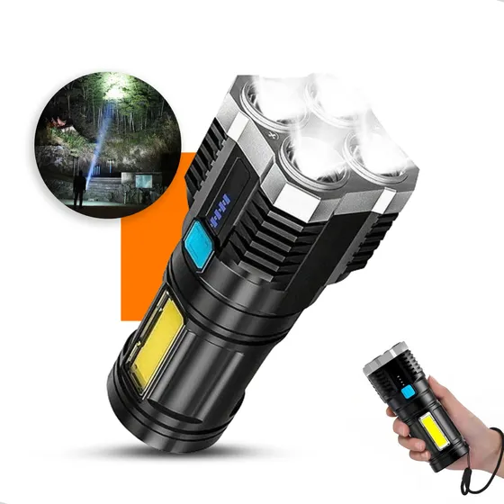 Polaris Shop Lanterna Forte Led Usb Recarregável Potente Tática Militar Super Profissional T9 Emergência 4 Núcleos Resistente A Água Multifuncional Sítio Fazenda Casa 4 Modos