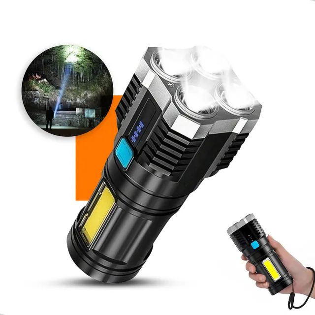 Polaris Shop Lanterna Forte Led Usb Recarregável Potente Tática Militar Super Profissional T9 Emergência 4 Núcleos Resistente A Água Multifuncional Sítio Fazenda Casa 4 Modos
