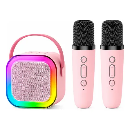 Caixinha Som Karaokê 2 Microfones Bluetooth Rosa