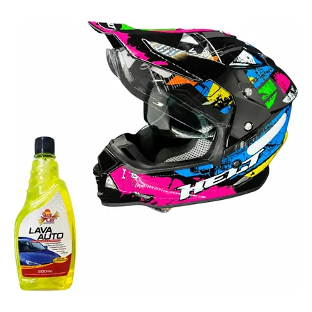 Capacete Helt Cross Vision Glass Light C/ Óculos Viseira Preto Colorido 57/58