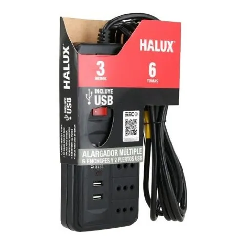 Alargador 6 Tomas Con 2 Puertos Usb E Interruptor On Off 3 M Color Negro