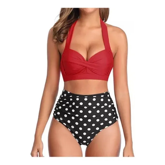 Traje De Baño Vintage De Dos Piezas Retro Halter Fruncido